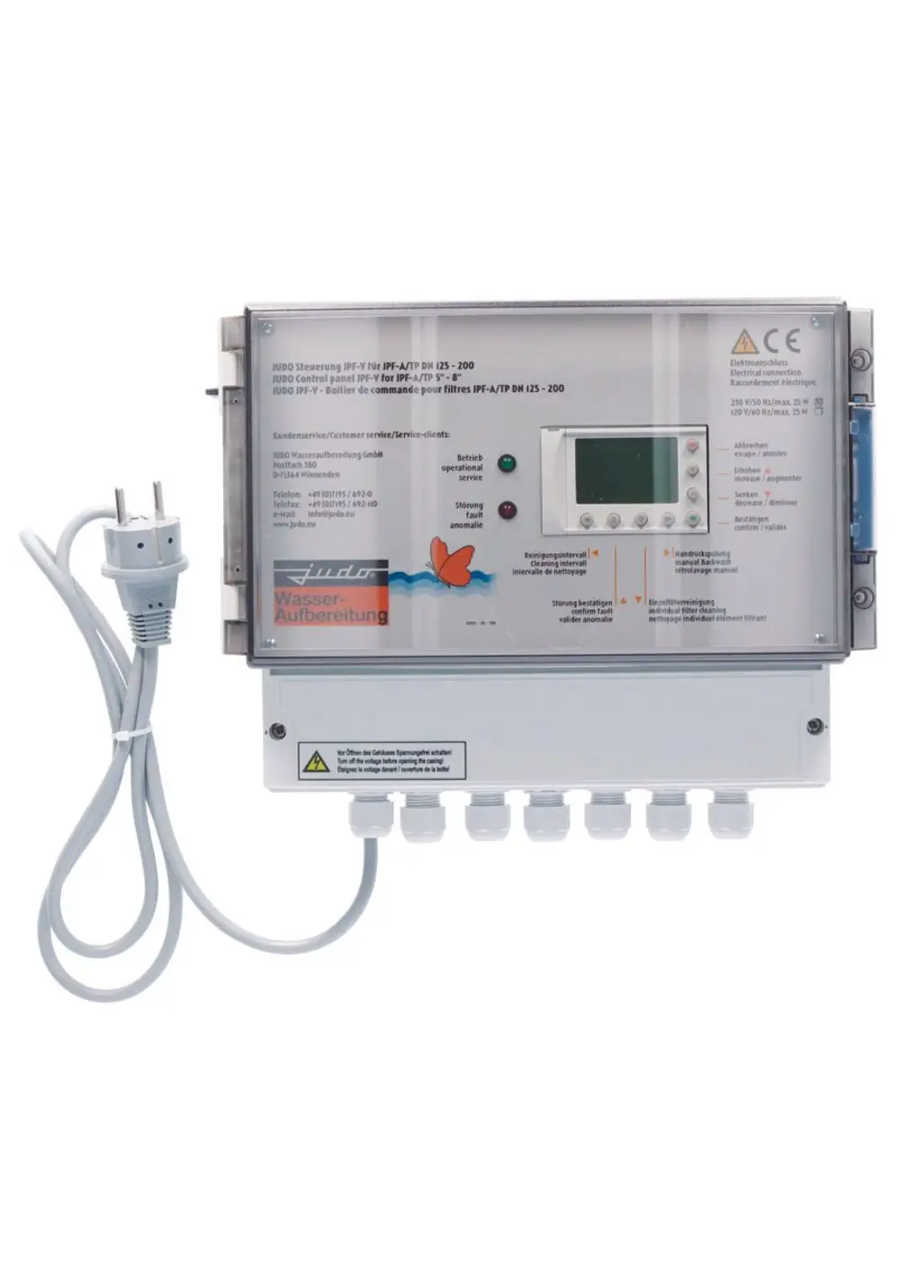 JUDO Steuerungseinheit für Wasserfilter, mit Display und mehreren Anschlussmöglichkeiten, verkabelt mit einem Stromkabel, Codierung und Anweisungen auf der Vorderseite.